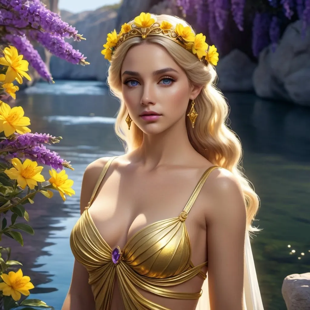 Prompt: HD 4k 3D 8k professional modeling photo hyper realistic beautiful woman princess ethereal greek goddess european nymph 
blonde hair fair skin gorgeous face  jewelry tiara  full body surrounded by ambient glow hd landscape river yellow and purple flowers vegetation

