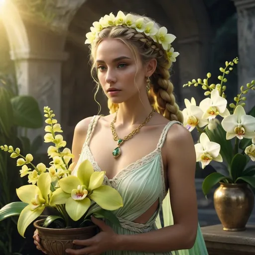 Prompt: HD 4k 3D, 8k, hyper realistic, professional modeling, ethereal Greek Goddess the Blameless, yellow french braided hair, medium skin, gorgeous face, bohemian lace gown, green gemstone jewelry and tiara, holding water pitcher, magical well, green orchids and flowers, surrounded by ambient divine glow, detailed, elegant, ethereal, mythical, Greek, goddess, surreal lighting, majestic, goddesslike aura
