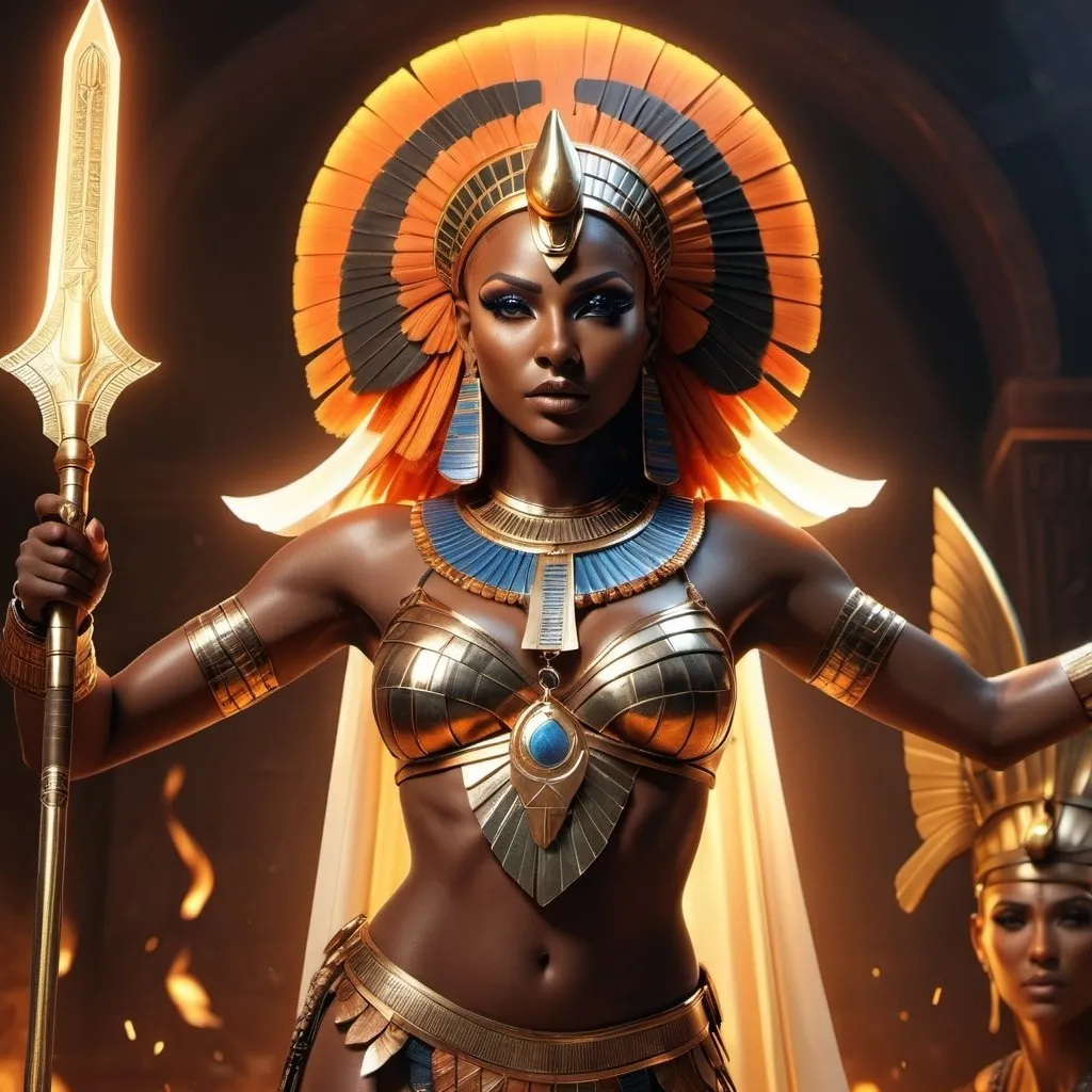 Prompt: HD 4k 3D, 8k, hyper realistic, professional modeling, ethereal Egyptian Goddess style, Feline Goddess of War, beautiful, standing on battlefield, glowing black skin, fiery orange hair, mythical armor, headpiece, full body, fierce and dangerous, Fantasy setting, surrounded by ambient divine glow, detailed, elegant, surreal dramatic lighting, majestic, goddesslike aura, octane render, artistic and whimsical