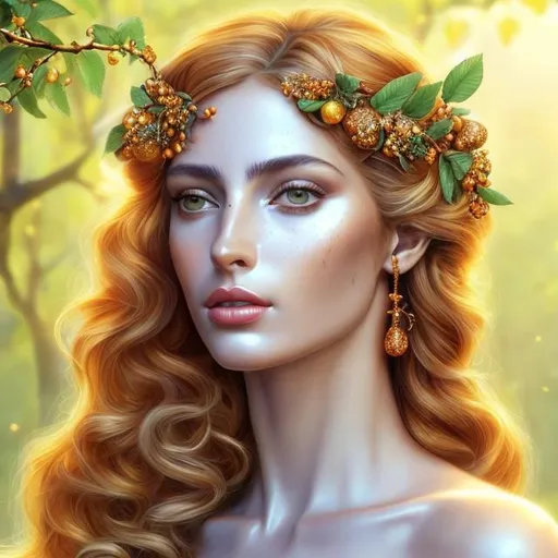 Prompt: HD 4k 3D, hyper realistic, professional modeling, ethereal  Greek goddess of fruit trees, amber hair, mixed freckled skin, gorgeous face, gorgeous fruit tree dress, tree jewelry and amber tiara, full body, ambient sunshine glow, fruit tree nymph, landscape, detailed, elegant, ethereal, mythical, Greek, goddess, surreal lighting, majestic, goddesslike aura