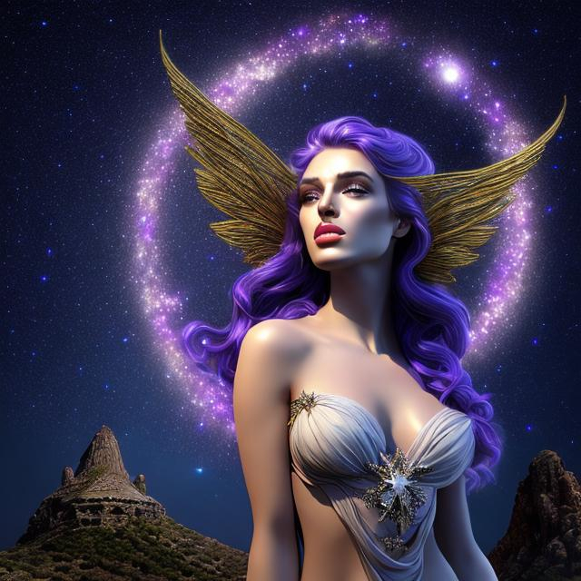 Prompt: HD 4k 3D, hyper realistic, professional modeling, ethereal Greek goddess of the stars, shiny purple hair, dark freckled skin, gorgeous face, gorgeous dark starry dress, dark starry jewelry and crown of stars, fairy wings, full body, ambient starlight glow, overlooking mountain, dazzling light, landscape, detailed, elegant, ethereal, mythical, Greek, goddess, surreal lighting, majestic, goddesslike aura