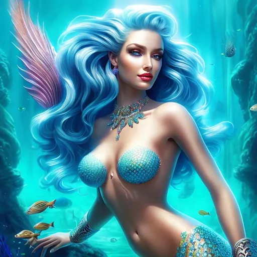 Prompt: HD 4k 3D 8k professional modeling photo hyper realistic beautiful evil woman ethereal greek goddess prophetic sea nymph
ocean blue hair gorgeous face  jewelry crown mermaid tail full body surrounded by ambient glow hd landscape sea sorceress magic underwater grotto of magic
