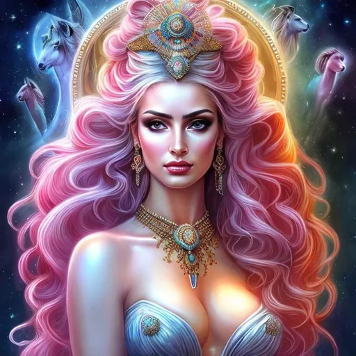 Prompt: HD 4k 3D, hyper realistic, professional modeling, ethereal Greek warrior goddess of mysteries, pink half up hair, white skin, gorgeous face, gorgeous priestess gown and veil, pagan jewelry, full body, ambient glow, mistress goddess, standing next to a stallion, detailed, elegant, ethereal, mythical, Greek, goddess, surreal lighting, majestic, goddesslike aura
