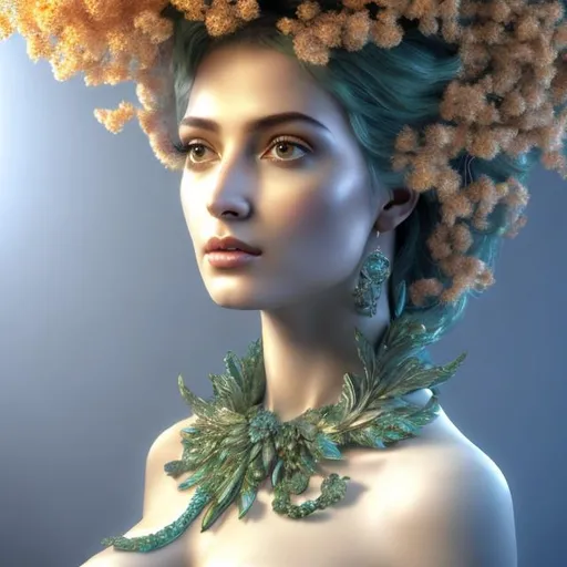 Prompt: HD 4k 3D, hyper realistic, professional modeling, ethereal  Greek goddess of elm trees, blue hair, mixed skin, gorgeous face, gorgeous tree dress, tree jewelry and elm crown, full body, ambient glow, elm tree nymph, landscape, detailed, elegant, ethereal, mythical, Greek, goddess, surreal lighting, majestic, goddesslike aura