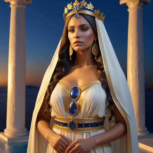 Prompt: HD 4k 3D, hyper realistic, professional modeling, ethereal Greek Muse of Sacred Poetry, dark yellow hair, brown skin, gorgeous face, grecian priestess dress with cloak and veil, sapphire jewelry and tiara, full body, serious, pensive,near a spring at dusk, oracle,  detailed, elegant, ethereal, mythical, Greek, goddess, surreal lighting, majestic, goddesslike aura