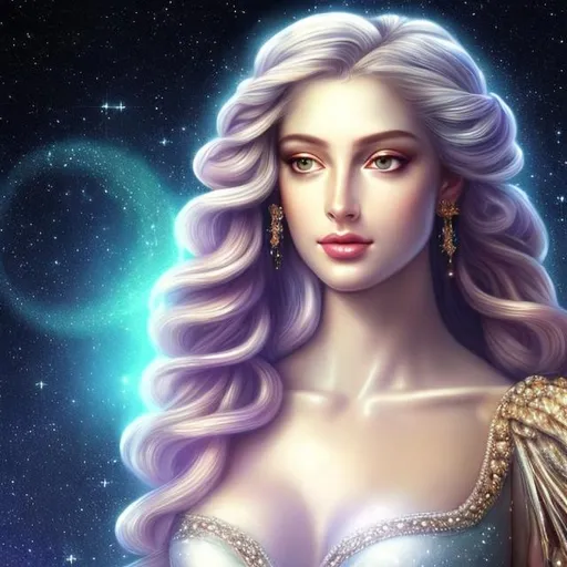 Prompt: HD 4k 3D, hyper realistic, professional modeling, ethereal Greek goddess of the night sky, white and pink bubble braid hair, white skin, gorgeous face, star-studded nightgown, diamond jewelry and diadem, full body, soft ambient glow of starlight, alluring goddess, in the night sky, constellations, detailed, elegant, ethereal, mythical, Greek, goddess, surreal lighting, majestic, goddesslike aura