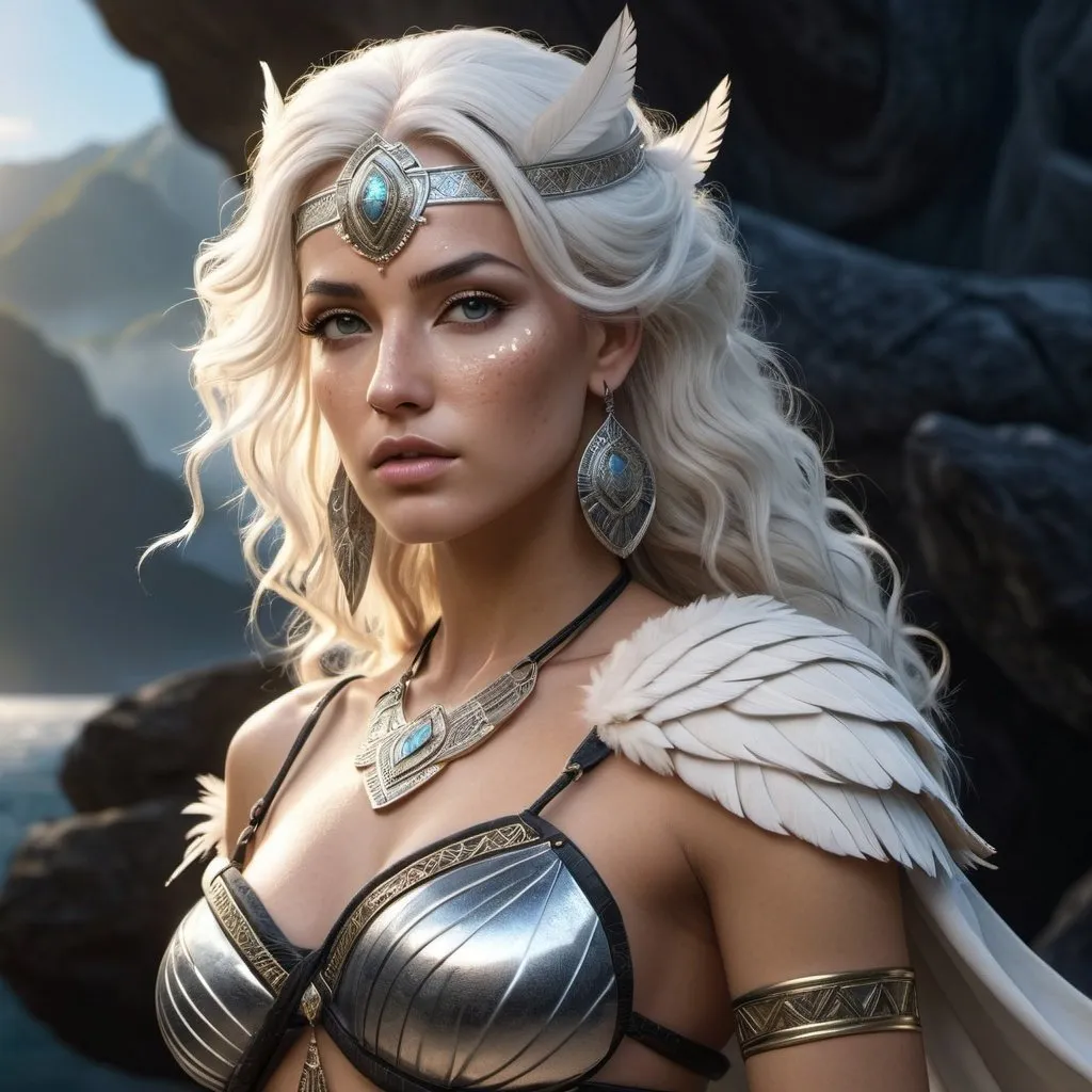 Prompt: HD 4k 3D, 8k, hyper realistic, professional modeling, ethereal Greek Goddess and Amazonian Queen, white hair, medium freckled skin, gorgeous glowing face, Amazonian Warrior fur armor, black jewelry and diadem, Amazon warrior, tattoos, full body, mountains, paradise, surrounded by ambient divine glow, detailed, elegant, mythical, surreal dramatic lighting, majestic, goddesslike aura
