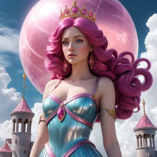 Prompt: HD 4k 3D, hyper realistic, professional modeling, enchanted magenta-haired Princess - Bubblegum, beautiful, magical, kind, castle in the clouds, detailed, elegant, ethereal, mythical, Greek goddess, surreal lighting, majestic, goddesslike aura