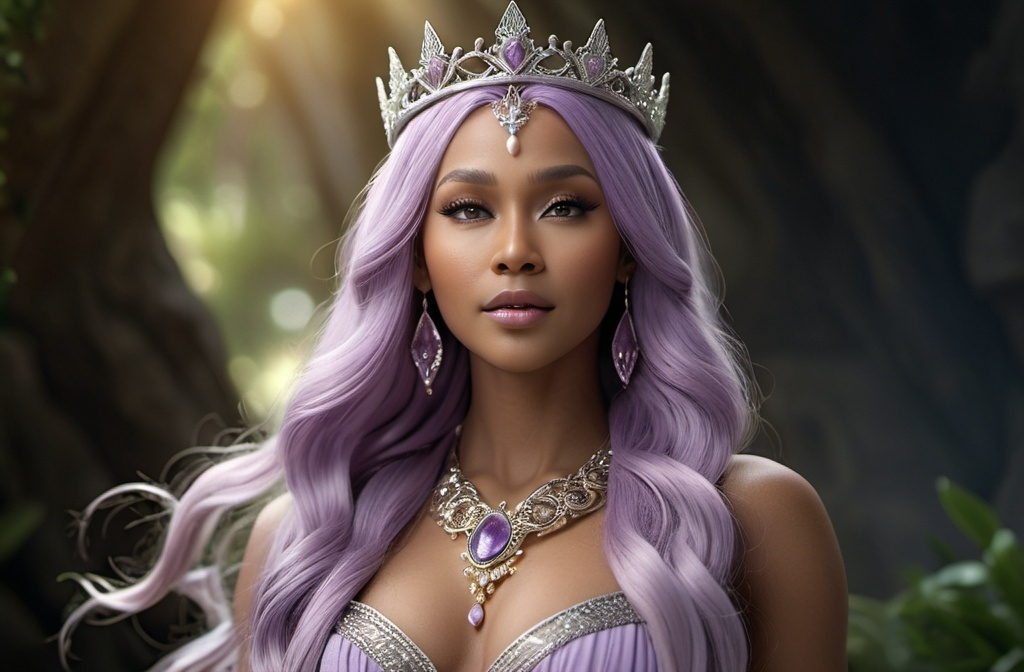 Prompt: Hariasa Norse Goddess of Hair,  hyper realistic, HD 4k 3D, professional modeling, ethereal, light purple long flowing hair, olive skin, gorgeous face, gorgeous jewelry and tiara, full body, ambient glow, detailed, elegant, ethereal, mythical, goddess, moody lighting, majestic, goddesslike aura, Norse Mythology