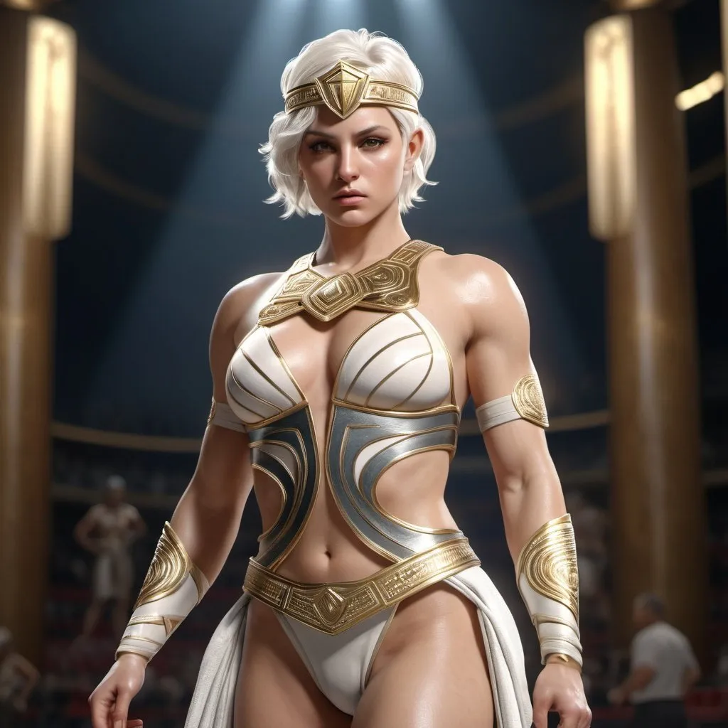 Prompt: HD 4k 3D, hyper realistic, professional modeling, ethereal Greek Goddess of Wrestling, short white hair, fair skin, gorgeous face,  grecian warrior armor, agate jewelry and headpiece, full body, athletic, olympian, muscular, in olympic forum, detailed, elegant, ethereal, mythical, Greek, goddess, surreal lighting, majestic, goddesslike aura