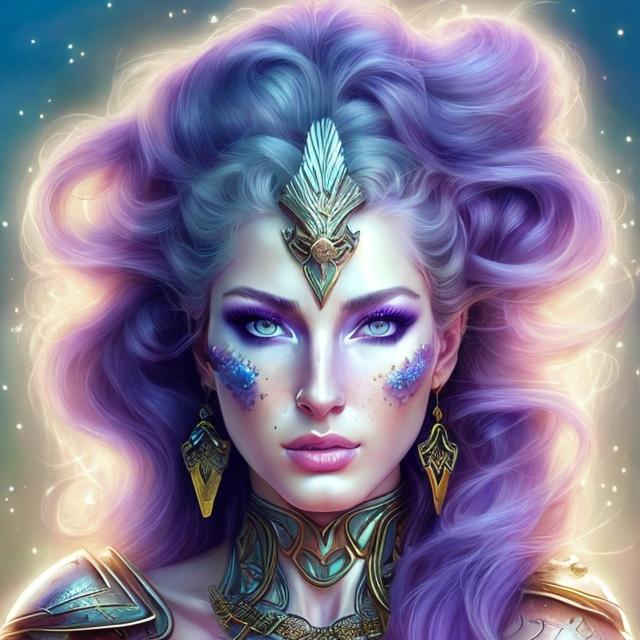 Prompt: HD 4k 3D, hyper realistic, professional modeling, ethereal invincible Greek warrior goddess, purple ombre hair, pale freckled skin, gorgeous face, gorgeous nature armor, rustic jewelry and headpiece and weapons, full body, ambient glow, invincible nature warrior goddess, landscape, detailed, elegant, ethereal, mythical, Greek, goddess, surreal lighting, majestic, goddesslike aura