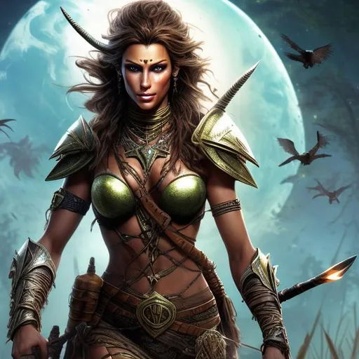 Prompt: HD 4k 3D 8k professional modeling photo hyper realistic beautiful warrior tribal woman ethereal greek goddess of pursuit
bronze hair brown eyes mixed freckled skin gorgeous face shimmering battle leather armor iron jewelry iron and feathered headpiece holding weapons full body surrounded by mystical glow hd landscape background she tracks and pursues enemies. She is hunting and running after them with eagles through the dark forest
