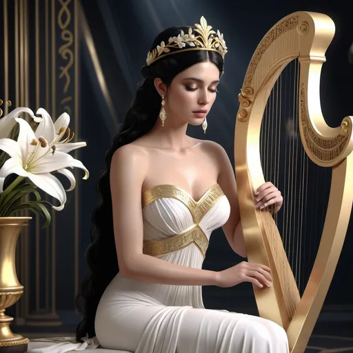 Prompt: HD 4k 3D, hyper realistic, professional modeling, ethereal Greek Muse of Lower Chord of the Lyre, dark black hair, ivory skin, gorgeous face, grecian embellished gown, diamond jewelry and tiara, full body, petite, playing lyre, white lilies, swans, detailed, elegant, ethereal, mythical, Greek, goddess, surreal lighting, majestic, goddesslike aura