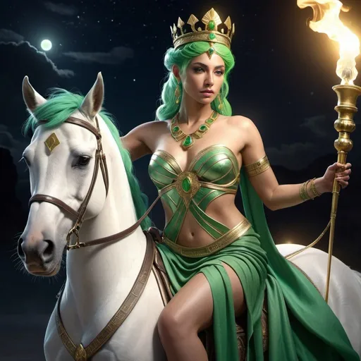 Prompt: HD 4k 3D, hyper realistic, professional modeling, ethereal Greek Goddess of Crossroads, bright green hair, mixed skin, gorgeous face,  grecian gown, lapiz jewelry and crown, holding a torch riding a horse, full body, crossroads at night, dog companion, protector, detailed, elegant, ethereal, mythical, Greek, goddess, surreal lighting, majestic, goddesslike aura