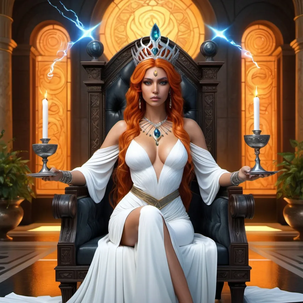 Prompt: HD 4k 3D, hyper realistic, professional modeling, ethereal Greek Goddess Witch, fiery orange hair, olive skin, gorgeous face, white loose gown, jewelry and tiara, holding a wand and goblet, full body, enchantress, sitting at throne in palace, black panther companion, potions and herbs, detailed, elegant, ethereal, mythical, Greek, goddess, surreal lighting, majestic, goddesslike aura