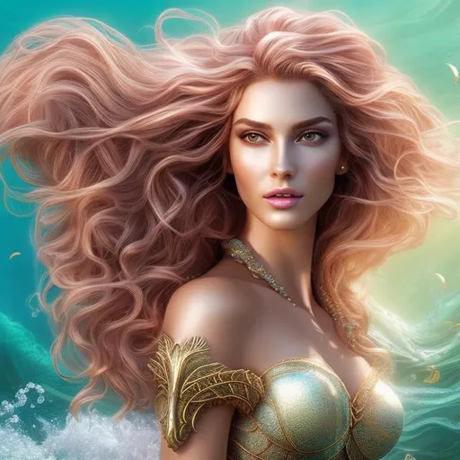 Prompt: HD 4k 3D 8k professional modeling photo hyper realistic beautiful woman ethereal greek goddess mermaid and queen of the sea
long pink wavy hair dark eyes tan skin gorgeous face regal robes regal sea jewelry regal sea crown trident mermaid tail full body surrounded by ambient glow hd landscape beautiful vibrant seascape seahorses, fish, dolphin
