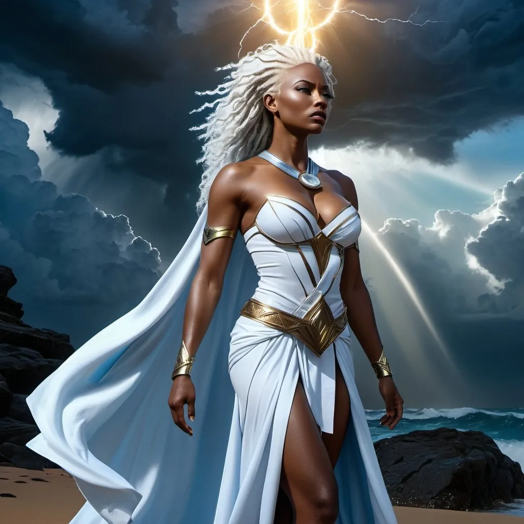 Prompt: HD 4k 3D 8k professional modeling photo hyper realistic beautiful woman enchanted Storm Princess Ororo, ethereal greek goddess, full body surrounded by ambient glow, magical, highly detailed, intricate, beautiful superhero style, Kenya, Storm, outdoor landscape, highly realistic woman, high fantasy background, elegant, mythical, surreal lighting, majestic, goddesslike aura, Annie Leibovitz style 

