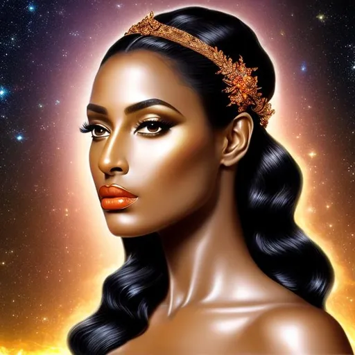 Prompt: HD 4k 3D, hyper realistic, professional modeling, ethereal Greek goddess of evening, black and white victory roll hair, dark skin, gorgeous face, golden orange velvet gown, evening jewelry and headband, full body, soft ambient yellow-orange glow of evening, alluring goddess, evening sky, birds in sky, detailed, elegant, ethereal, mythical, Greek, goddess, surreal lighting, majestic, goddesslike aura