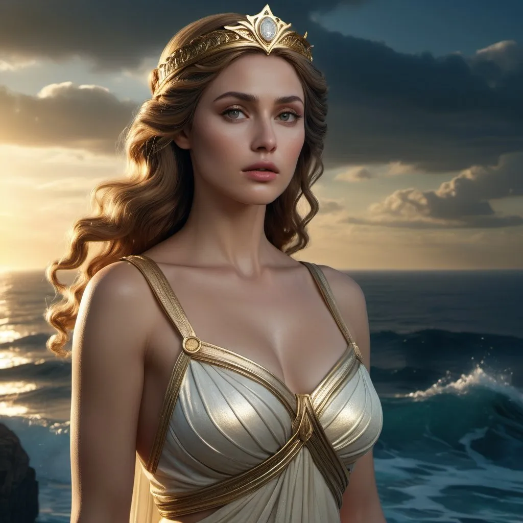 Prompt: HD 4k 3D 8k professional modeling photo hyper realistic beautiful woman Princess of Florin ethereal greek goddess gorgeous face full body surrounded by ambient glow, enchanted, magical, detailed, highly realistic woman, high fantasy background, kingdom by the sea, elegant, mythical, surreal lighting, majestic, goddesslike aura, Annie Leibovitz style 

