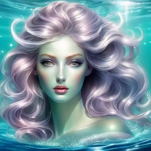 Prompt: HD 4k 3D 8k professional modeling photo hyper realistic group of beautiful women ethereal greek goddesses sea nymphs Oceanids
 all different colored hair gorgeous face ocean jewelry sea crowns all different colored mermaid tails full body surrounded by ambient glow hd landscape under the ocean mermaids

