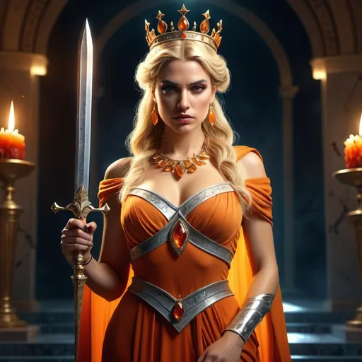 Prompt: HD 4k 3D, 8k, hyper realistic, professional modeling, ethereal Greek Goddess Spartan Princess, blonde hair, medium skin, gorgeous glowing face, regal colorful dress, orange gemstone jewelry and tiara, evil queen, holding dagger, bloody splatter, surrounded by ambient divinity glow, detailed, elegant, mythical, surreal dramatic lighting, majestic, goddesslike aura
