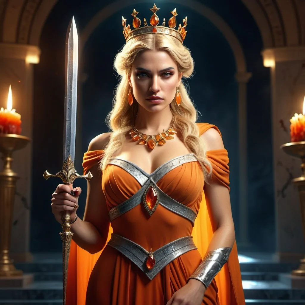 Prompt: HD 4k 3D, 8k, hyper realistic, professional modeling, ethereal Greek Goddess Spartan Princess, blonde hair, medium skin, gorgeous glowing face, regal colorful dress, orange gemstone jewelry and tiara, evil queen, holding dagger, bloody splatter, surrounded by ambient divinity glow, detailed, elegant, mythical, surreal dramatic lighting, majestic, goddesslike aura