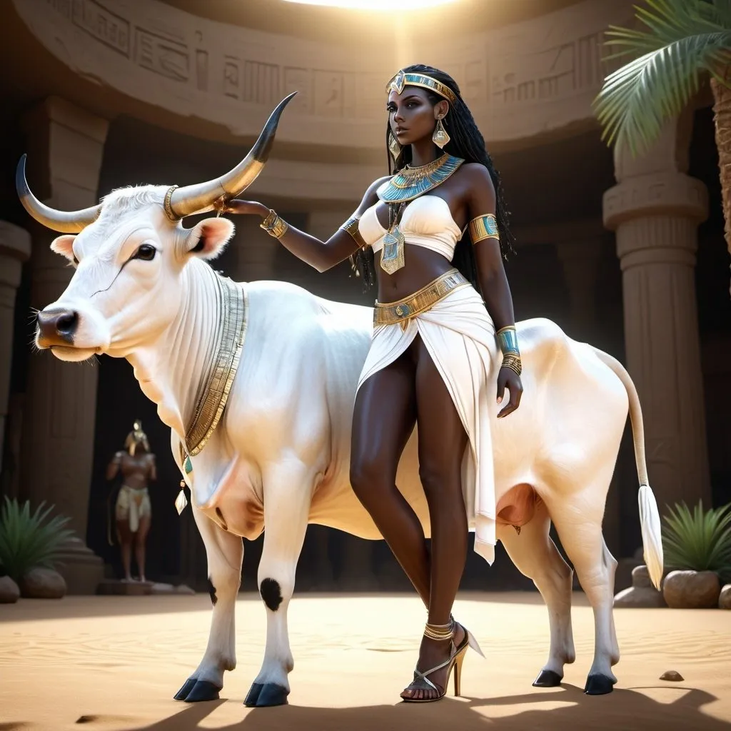 Prompt: HD 4k 3D, 8k, hyper realistic, professional modeling, ethereal Egyptian Cow Goddess Hesat, beautiful, glowing dark skin, white hair, mythical clothing and jewelry, headband, cow goddess, full body, riding a white cow in a beautiful oasis, Fantasy setting, surrounded by ambient divine glow, detailed, elegant, surreal dramatic lighting, majestic, goddesslike aura, octane render