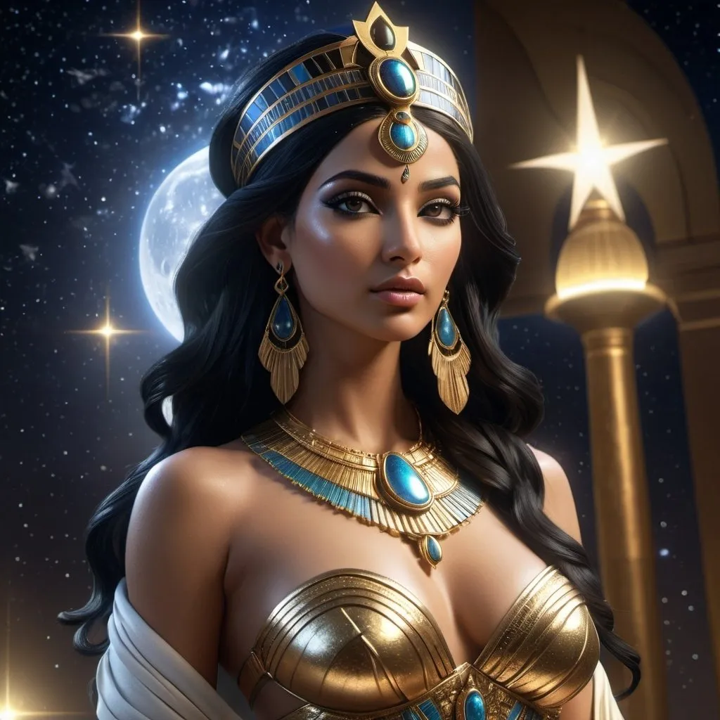 Prompt: HD 4k 3D, 8k, hyper realistic, professional modeling, ethereal Egyptian Goddess style, Goddess of the skies and heavens, beautiful, star covered gowns, glowing olive skin, black hair, mythical outfit covered in stars and jewelry, headband, full body, heavenly night sky, Fantasy setting, surrounded by ambient divine glow, detailed, elegant, surreal dramatic lighting, majestic, goddesslike aura, octane render, artistic and whimsical