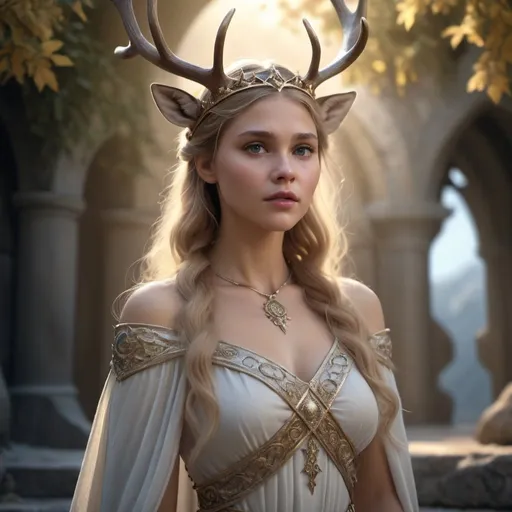 Prompt: HD 4k 3D, hyper realistic, professional modeling, enchanted Westeros Princess - Myrcella, kind, beautiful, magical, deer, high fantasy background, detailed, highly realistic woman, elegant, ethereal, mythical, Greek goddess, surreal lighting, majestic, goddesslike aura
