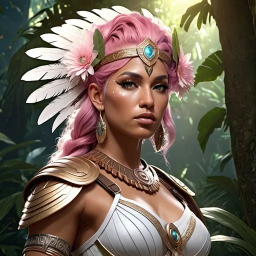 Prompt: HD 4k 3D, 8k, hyper realistic, professional modeling, ethereal Greek Goddess and Amazonian Warrior, pink hair, brown skin, gorgeous glowing face, Amazonian Warrior armor, quartz jewelry and tiara, Amazon warrior, tattoos, full body, jungle, adorned with white feathers and flowers, archer, surrounded by ambient divine glow, detailed, elegant, mythical, surreal dramatic lighting, majestic, goddesslike aura