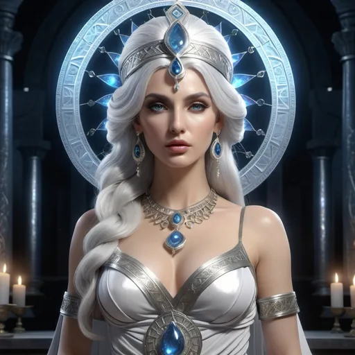 Prompt: HD 4k 3D, hyper realistic, professional modeling, ethereal Greek Muse of Mind Charming, Silver hair, white skin, gorgeous face, embellished sorceress dress, magical jewelry and headpiece, full body, psychic, fortune teller, cobra, mystic, detailed, elegant, ethereal, mythical, Greek, goddess, surreal lighting, majestic, goddesslike aura