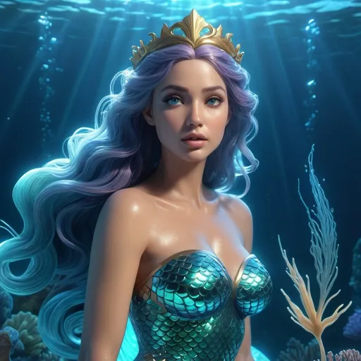 Prompt: HD 4k 3D, hyper realistic, professional modeling, ethereal Mermaid Princess beautiful, magical, underwater fantasy ocean, detailed, elegant, ethereal, mythical, Greek goddess, surreal lighting, majestic, goddesslike aura