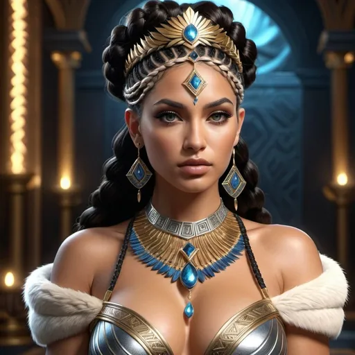 Prompt: HD 4k 3D, 8k, hyper realistic, professional modeling, ethereal Greek Goddess and Amazonian Queen, black crown braid hair, tan skin, gorgeous glowing face, Amazonian Warrior fur armor, silver jewelry and tiara, Amazon warrior, tattoos, full body, independent, Atlantis, paradise, surrounded by ambient divine glow, detailed, elegant, mythical, surreal dramatic lighting, majestic, goddesslike aura