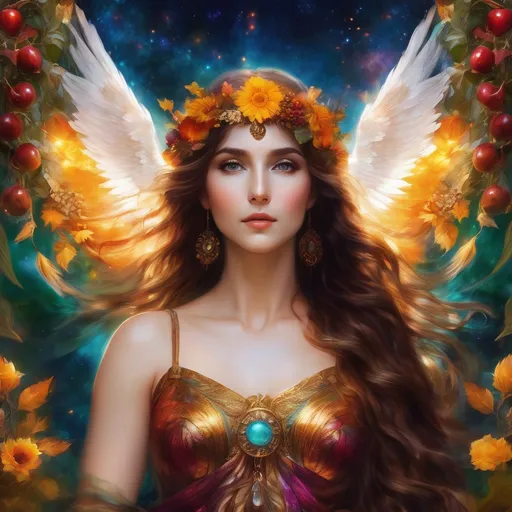 Prompt: Ancient Primordial Goddess of Abundance, Harvest Being, produce, flowers, and nuts, pre-Raphaelite time-lapse motion blur, High resolution, detailed portrait, ethereal atmosphere, flowing hair, captivating eyes, cosmic mystical aura, vibrant colors, soft lighting, professional, digital painting, enchanting presence, fantasy, dreamy, female, mystical, detailed hair, captivating gaze, professional lighting, hyper realistic, HD 4k 3D, professional modeling, ethereal, gorgeous face, ambient divine glow, detailed and intricate, elegant, ethereal, mythical, goddess, radiant lighting,