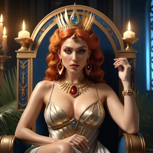 Prompt: HD 4k 3D, 8k, hyper realistic, professional modeling, ethereal Greek Goddess Queen Cassiopeia, orange hair, beige skin, gorgeous glowing face, regal gown, red gemstone jewelry and headband, evil queen, seated on throne, holding mirror and palm frond, surrounded by ambient divinity glow, detailed, elegant, mythical, surreal dramatic lighting, majestic, goddesslike aura