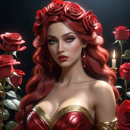 Prompt: HD 4k 3D, hyper realistic, professional modeling, enchanted evil Princess of Hearts, fierce, beautiful, magical, Wonderland, red roses, detailed, elegant, ethereal, mythical, Greek goddess, surreal lighting, majestic, goddesslike aura