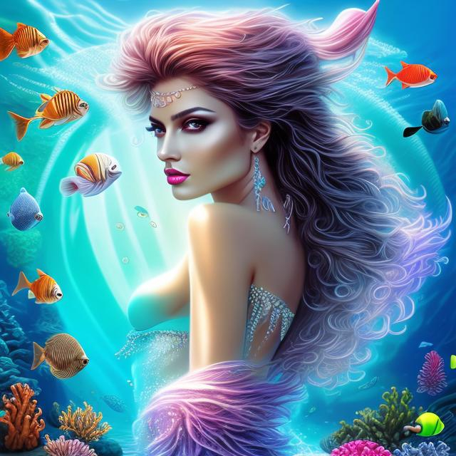 Prompt: HD 4k 3D 8k professional modeling photo hyper realistic beautiful woman ethereal greek goddess sea nymph of calm seas
black hair dark skin gorgeous face  ocean jewelry ocean headpiece mermaid tail full body surrounded by ambient glow hd landscape under the ocean calm waters jellyfish 

