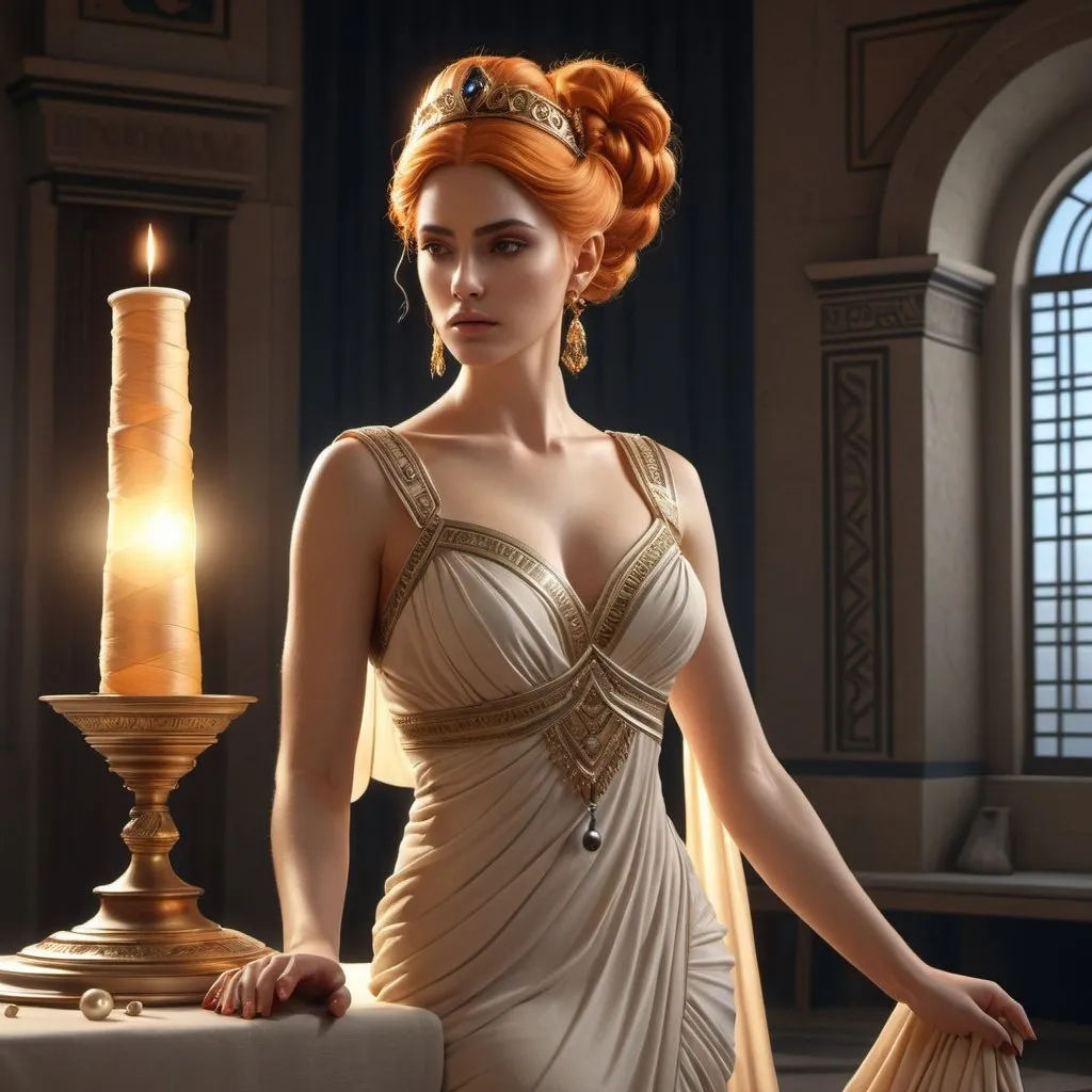 Prompt: HD 4k 3D, hyper realistic, professional modeling, ethereal Greek Goddess of Sewing, orange topsy tail hair, beige skin, gorgeous face, grecian embroidered gown, black pearl jewelry and tiara, full body, seamstress, sews fates, in a tower, spindle, detailed, elegant, ethereal, mythical, Greek, goddess, surreal lighting, majestic, goddesslike aura