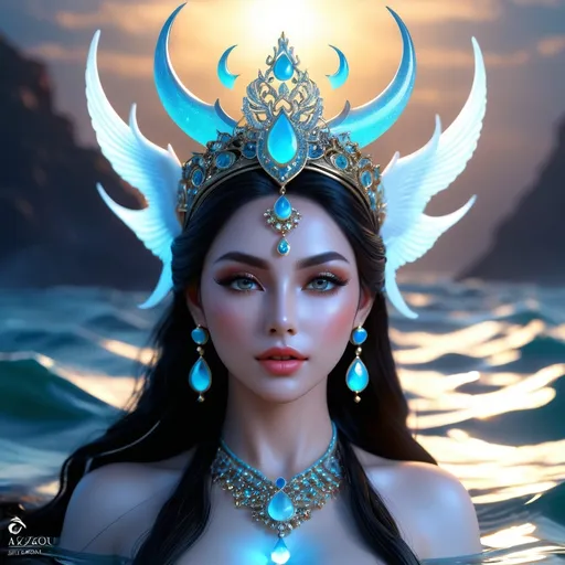 Prompt: Abyzou is the name of a female demon. Abyzou was blamed for miscarriages and infant mortality and was said to be motivated by envy, as she herself was infertile. hyper realistic, HD 4k 3D, professional modeling, ethereal, gorgeous face, Ocean jewelry and headpiece, ambient divine glow, detailed and intricate, elegant, ethereal, mythical, goddess, radiant lighting, majestic, goddesslike aura, she lives in a mystic ocean abyss