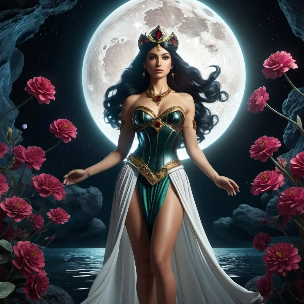 Prompt: HD 4k 3D 8k professional modeling photo hyper realistic beautiful woman enchanted Pluto Princess Meioa, ethereal greek goddess, full body surrounded by ambient glow, magical, highly detailed, intricate, beautiful Sailor Pluto style, Pluto, black flowers, garnets, cosmic underworld, outdoor landscape, highly realistic woman, high fantasy background, elegant, mythical, surreal lighting, majestic, goddesslike aura, Annie Leibovitz style 

