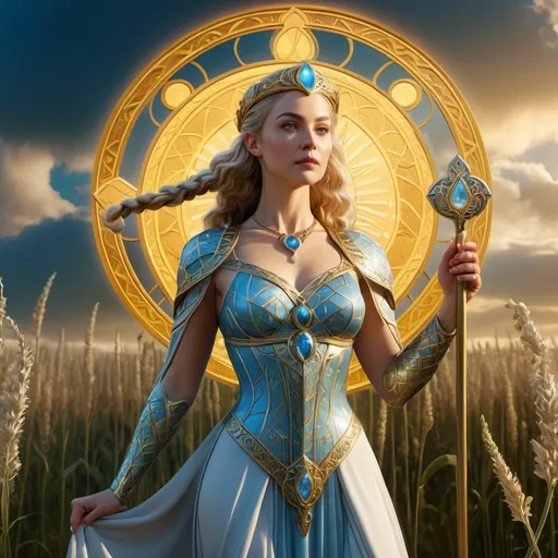 Prompt: tarot card  illustration, Beyla Norse Goddess of argriculture, hyperrealistic, HD 4k 3D 8k professional modeling photo, beautiful fair woman enchanted, standing in a field, surrounded by ambient glow, magical, highly detailed, intricate, mythical background, elegant, surreal lighting, majestic, goddesslike aura