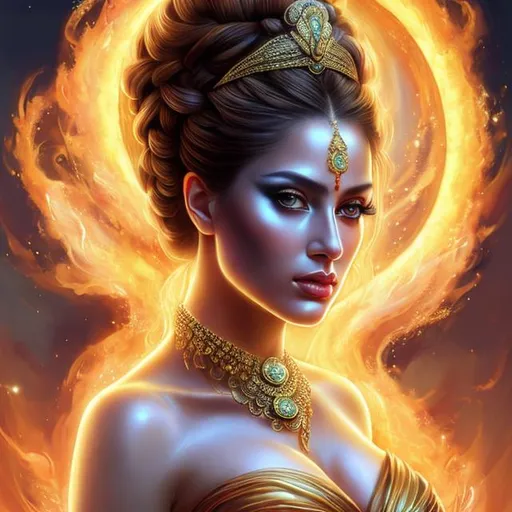 Prompt: HD 4k 3D, hyper realistic, professional modeling, ethereal Greek goddess of Volcanoes, black double braided buns hair, fair skin, gorgeous face, gorgeous fiery gown, fiery jewelry and tiara of flame, nymph, full body, ambient glow, volcano, landscape, detailed, elegant, ethereal, mythical, Greek, goddess, surreal lighting, majestic, goddesslike aura