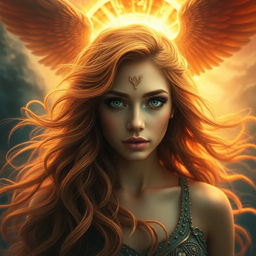 Prompt: Ancient Primordial Goddess of the Dawn, sun and sky, phoenix, pre-Raphaelite time-lapse motion blur, High resolution, detailed portrait, ethereal atmosphere, flowing hair, captivating eyes, cosmic mystical aura, vibrant colors, soft lighting, professional, digital painting, enchanting presence, fantasy, dreamy, female, mystical, detailed hair, captivating gaze, professional lighting, hyper realistic, HD 4k 3D, professional modeling, ethereal, gorgeous face, ambient divine glow, detailed and intricate, elegant, ethereal, mythical, goddess, radiant lighting,