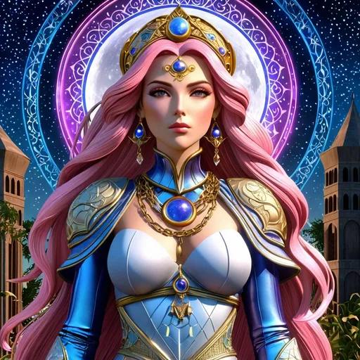 Prompt: anime, girl, detailed, pink hair, very detailed, HD 4k 3D 8k professional modeling photo hyper realistic beautiful woman enchanted, Princess Ida of Xanth,A small moon called Ptero orbits over her, holding every person in Xanth there ever was or might be. Ida is the caretaker of every conceivable and inconceivable idea. The chain of moons extends to Mundania and cycles back to Ida herself, close up surrounded by ambient glow, magical, highly detailed, intricate, outdoor  landscape, high fantasy background, elegant, mythical, surreal lighting, majestic, goddesslike aura, Annie Leibovitz style 