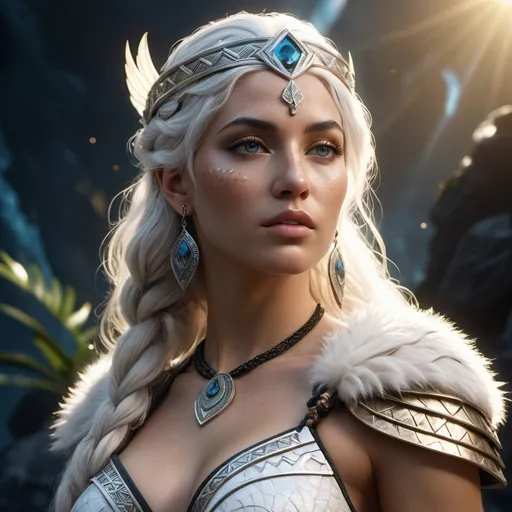 Prompt: HD 4k 3D, 8k, hyper realistic, professional modeling, ethereal Greek Goddess and Amazonian Queen, white hair, medium freckled skin, gorgeous glowing face, Amazonian Warrior fur armor, black jewelry and diadem, Amazon warrior, tattoos, full body, mountains, paradise, surrounded by ambient divine glow, detailed, elegant, mythical, surreal dramatic lighting, majestic, goddesslike aura