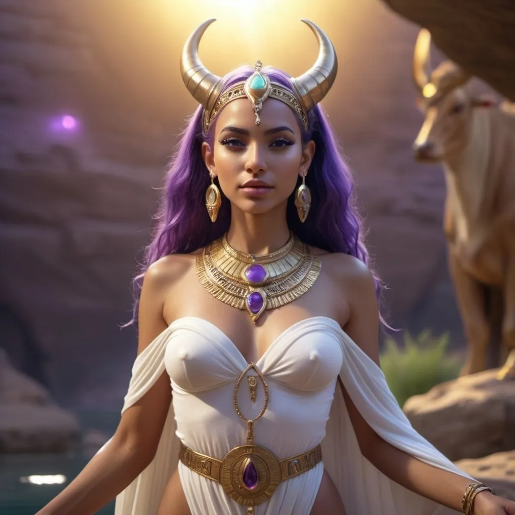 Prompt: HD 4k 3D, 8k, hyper realistic, professional modeling, ethereal Egyptian Soul Goddess Bat, beautiful, glowing olive skin, purple hair, mythical clothing and jewelry, tiara, cow ears and horns, full body surrounded by magical, glowing, ethereal light, cow companions, Nile River in colorful background, surrounded by ambient divine glow, detailed, elegant, surreal dramatic lighting, majestic, goddesslike aura, octane render, fantasy setting, otherworldy