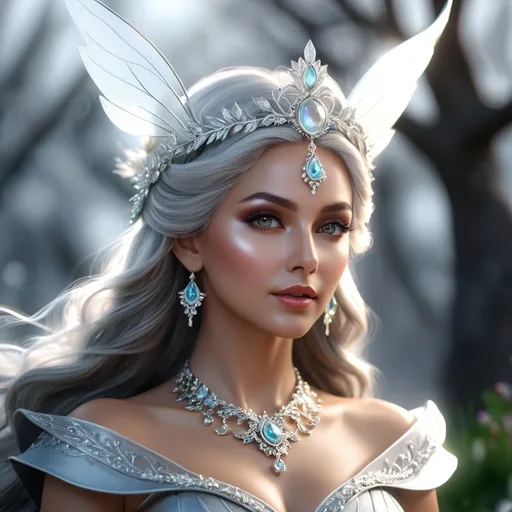 Prompt: evil witch, a kind of fairy or goddess having the appearance of such a woman, particularly active in raising the windstorms of spring, hyper realistic, HD 4k 3D, professional modeling, ethereal, gray hair, medium skin, gorgeous face, jewelry and headpiece, ambient divine glow, detailed and intricate, elegant, ethereal, mythical, goddess, radiant lighting, majestic, goddesslike aura