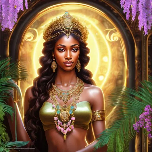 Prompt: HD 4k 3D, hyper realistic, professional modeling, ethereal Greek goddess of plants, brown hair, brown skin, plant gown, gorgeous face, gemstone jewelry and queen headpiece, full body, ambient glow, garden of eden, harvest fruits, blooming plants background, detailed, elegant, ethereal, mythical, Greek, goddess, surreal lighting, majestic, goddesslike aura