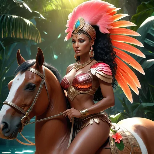 Prompt: HD 4k 3D, 8k, hyper realistic, professional modeling, ethereal Greek Goddess and Amazonian Queen, red double buns hair, dark skin, gorgeous glowing face, Amazonian Warrior armor, ametryn jewelry and diadem, Amazon warrior, tattoos, full body, tropics, adorned with flamingo feathers and tropical flowers, riding horse, surrounded by ambient divine glow, detailed, elegant, mythical, surreal dramatic lighting, majestic, goddesslike aura
