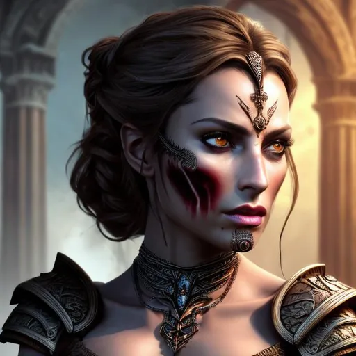 Prompt: HD 4k 3D 8k professional modeling photo hyper realistic beautiful mystical barbarian woman ethereal greek goddess of punishment
indigo hair dark brown eyes tan skin gorgeous face scars shiny embroidered grecian female armor gothic jewelry gothic headpiece holding whip and skull full body surrounded by sinister glow hd landscape background weapons, skulls, divine retribution, reptiles
